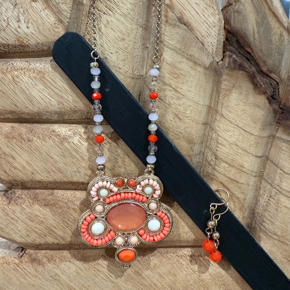 Elegant Coral and White Beaded Necklace with matching earrings